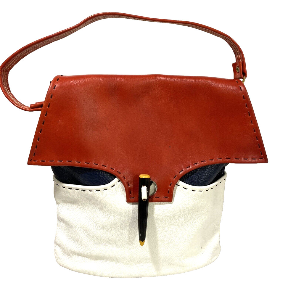 Vintage GUILD Red White & Blue Leather Purse Shoulder Bag 70s Top Stitch Fashion